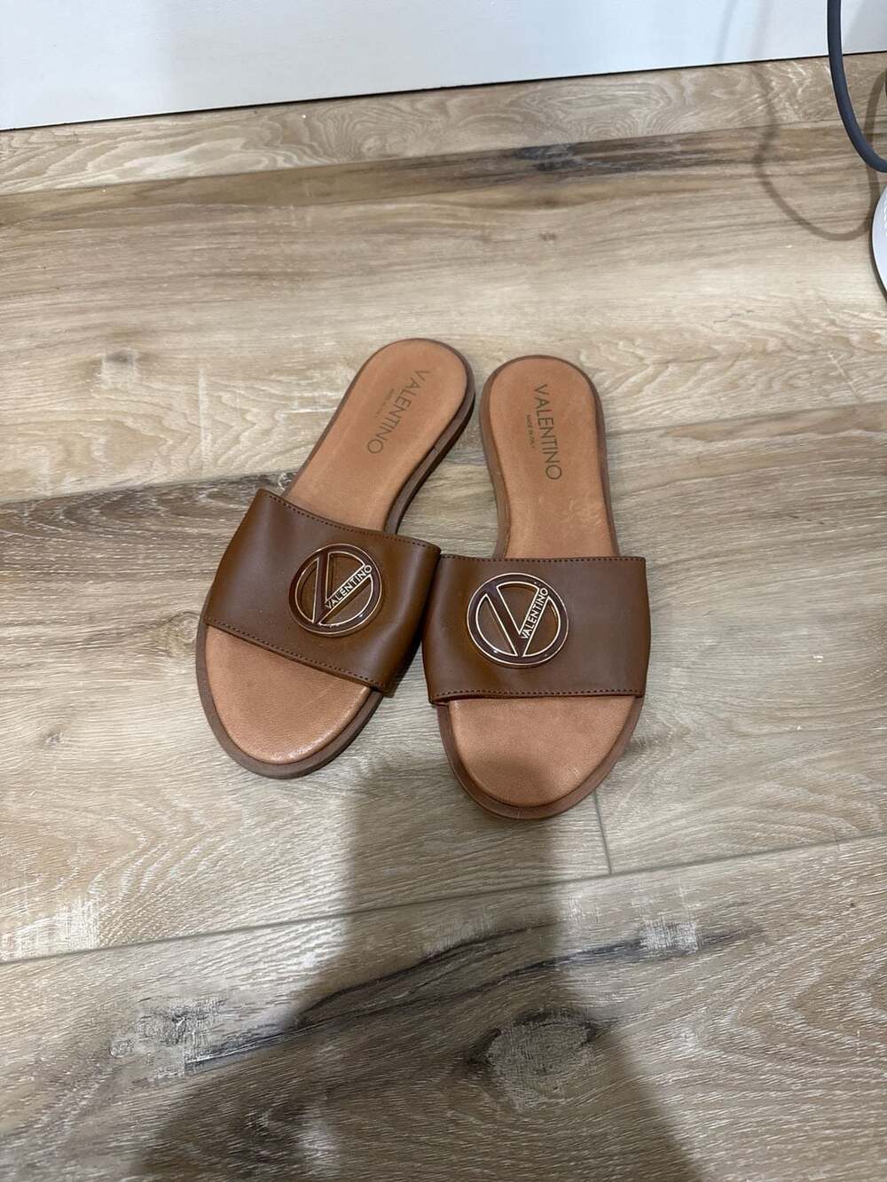 Valentino by Mario Valentino Brown Leather V-Logo Slide Sandals